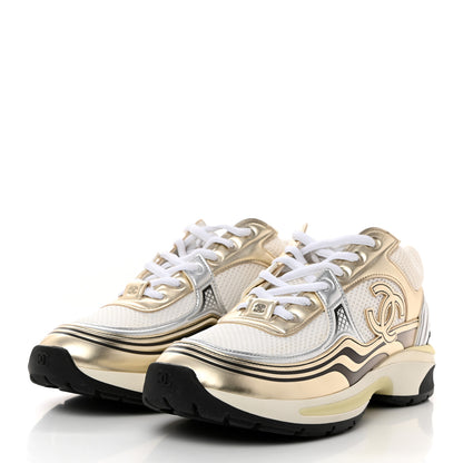Chanel Fabric Laminated Calfskin Stretch CC Sneakers 40 White Gold Silver 3 of 8