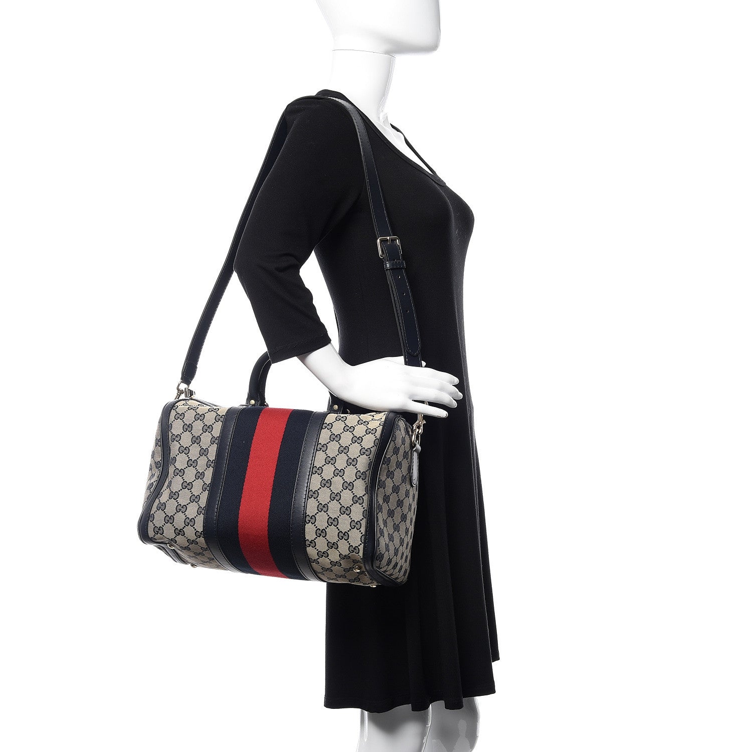 Gucci Monogram Selleria Calfskin Vintage Web Medium Boston Beige Blue 2 of 10