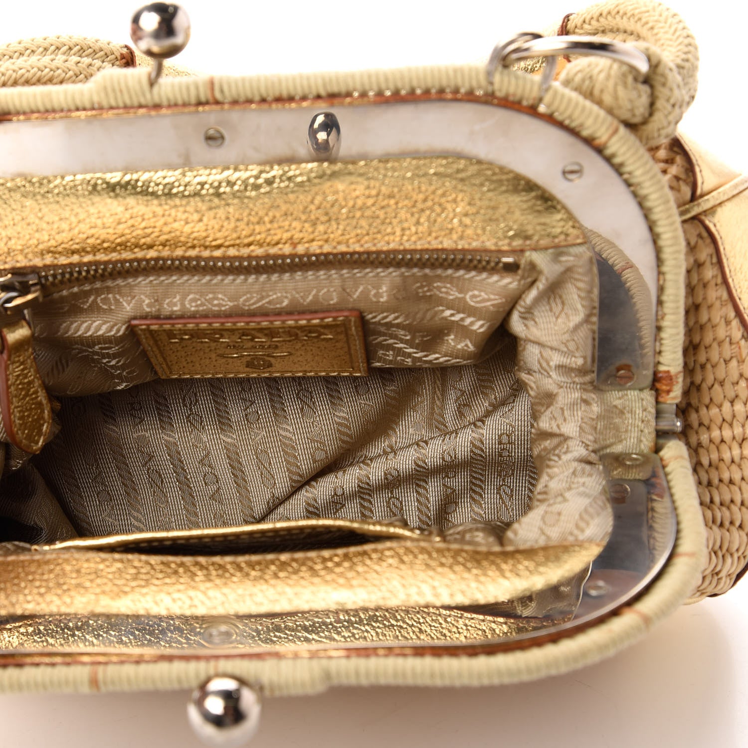 Prada Paglia Cinghiale Frame Satchel Naturale Oro 5 of 12