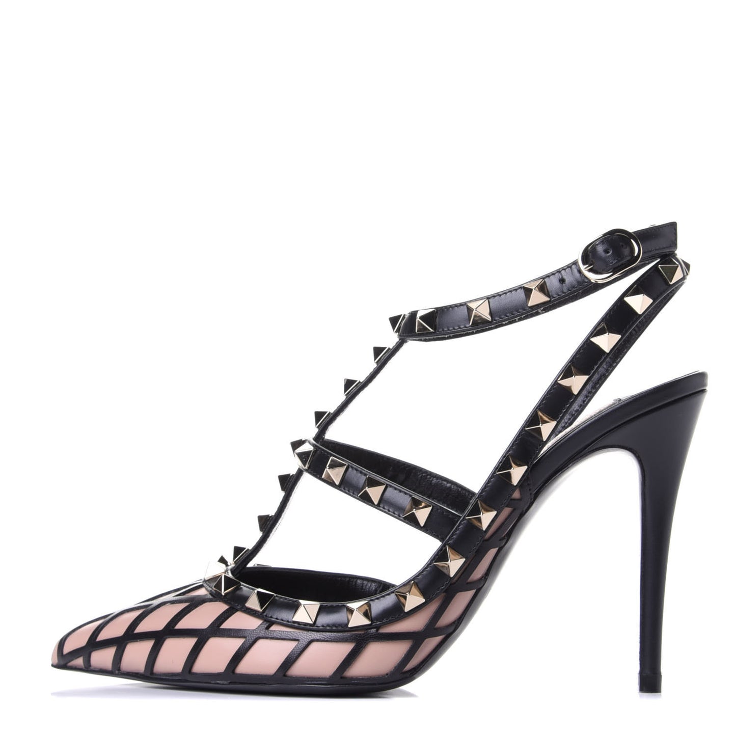 Calfskin Nappa Boudoir Rockstud Ankle Strap 100mm Pumps 38 Rose Cannelle Black