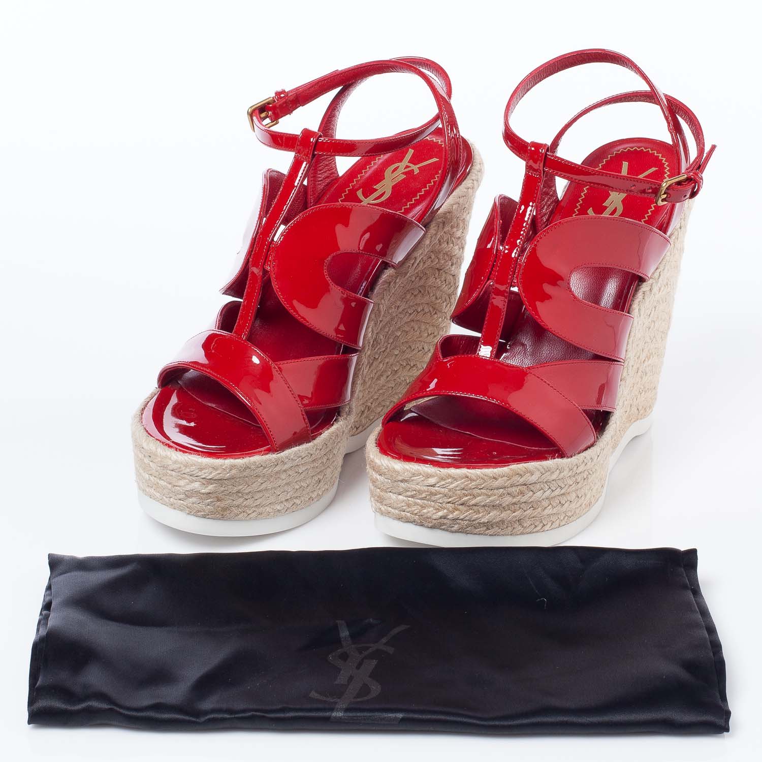 Saint Laurent Patent Saint Malo Platform Espadrille Wedge Sandals 38 NEW Red 10 of 10
