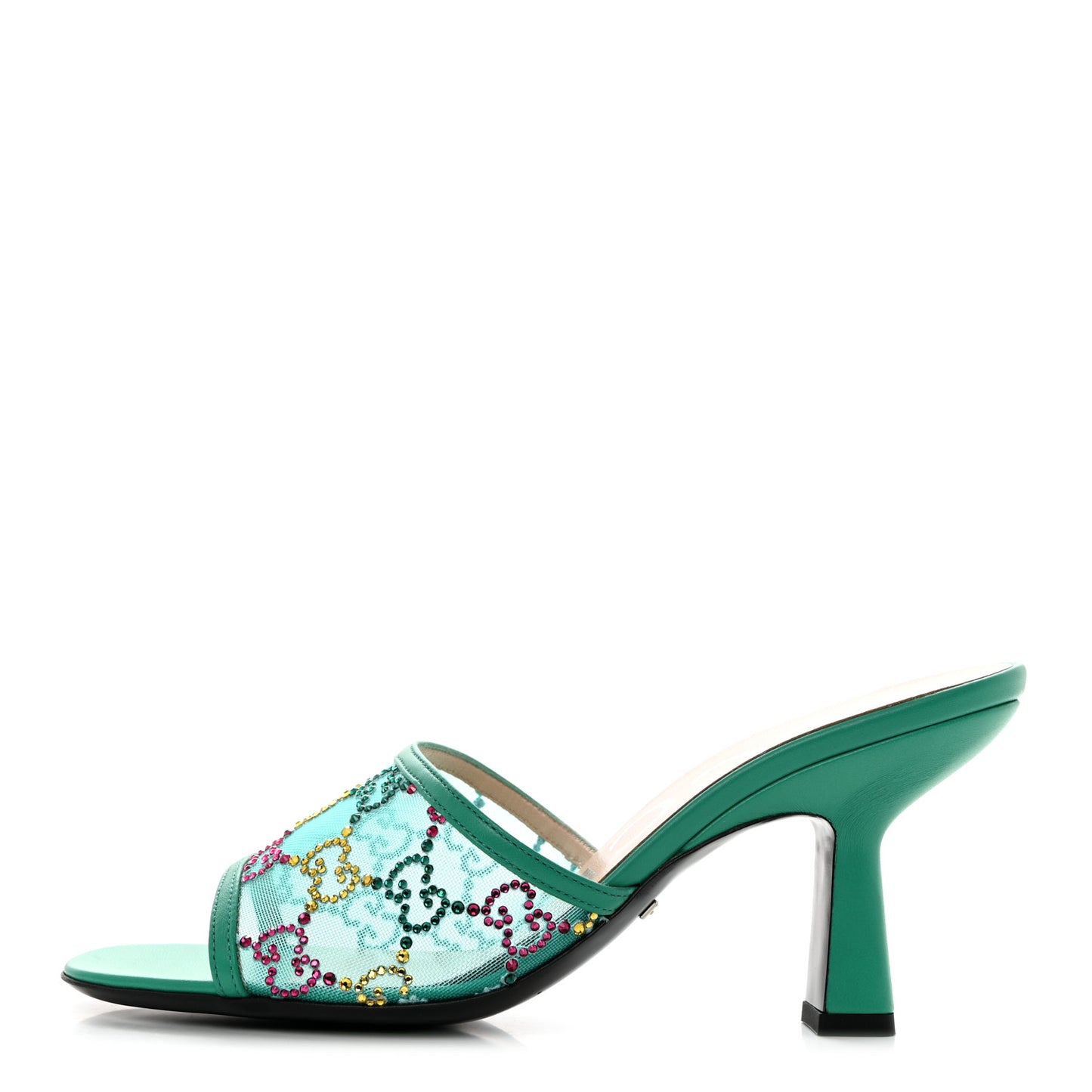 Tela Retino Nappa Crystal GG Monogram Square G 95mm Slide Sandals 37.5 Turquoise