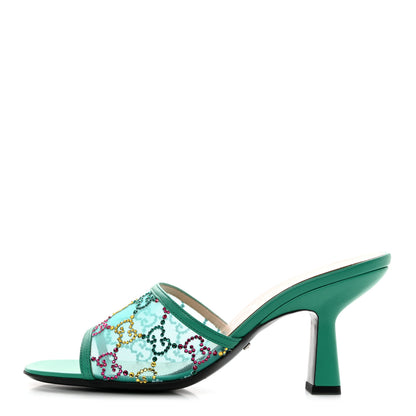 Gucci Tela Retino Nappa Crystal GG Monogram Square G 95mm Slide Sandals 37.5 Turquoise 1 of 8