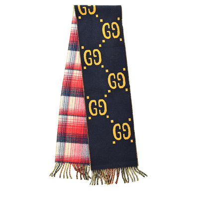 Gucci Wool GG Monogram Plaid Tartan Free Scarf Navy Red 2 of 4