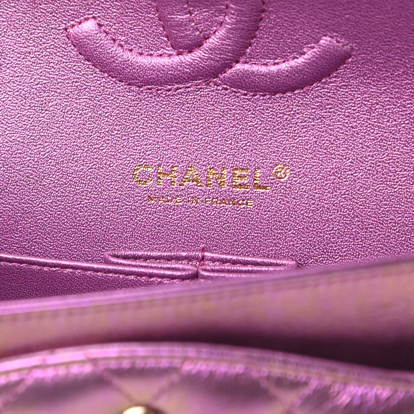 Iridescent Lambskin Quilted Medium Double Flap Purple
