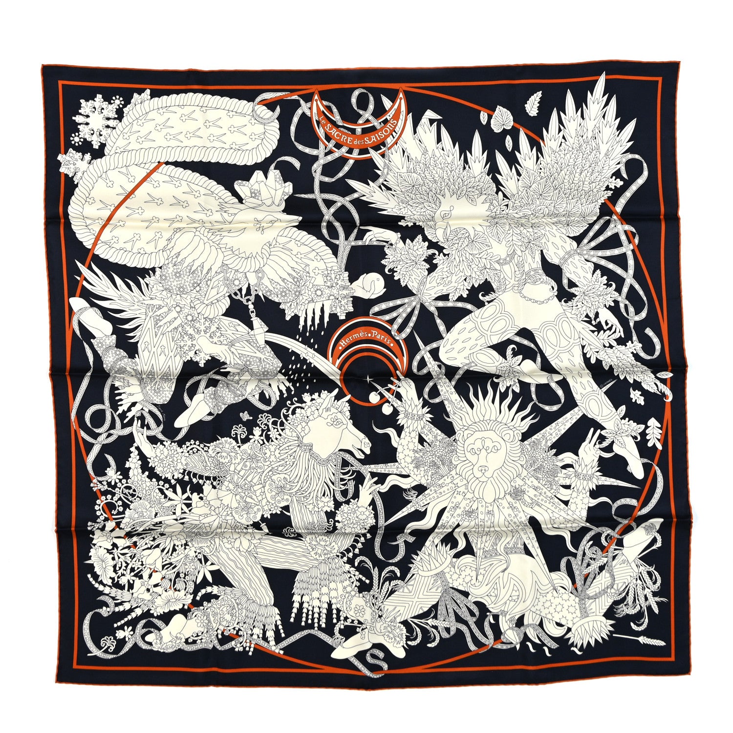 Hermes Silk Le Sacre Des Saisons Scarf 90 Bleu Black Creme 1 of 4
