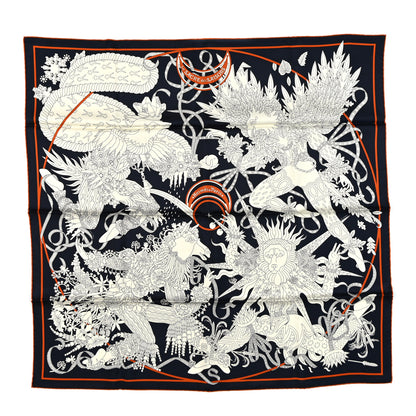 Hermes Silk Le Sacre Des Saisons Scarf 90 Bleu Black Creme 1 of 4