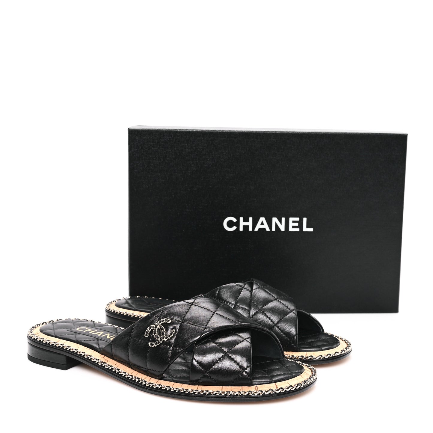 Lambskin Quilted Chain CC Sandals 39 Black