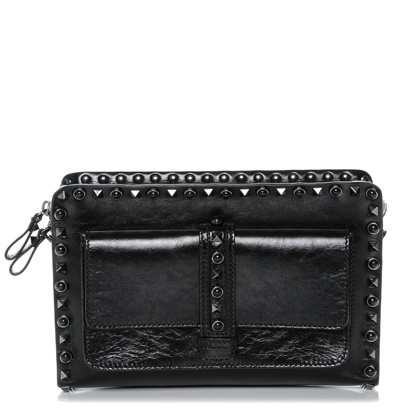 Craquele Calfskin Small Guitar Strap Rockstud Rolling Flap Pocket Shoulder Bag Black