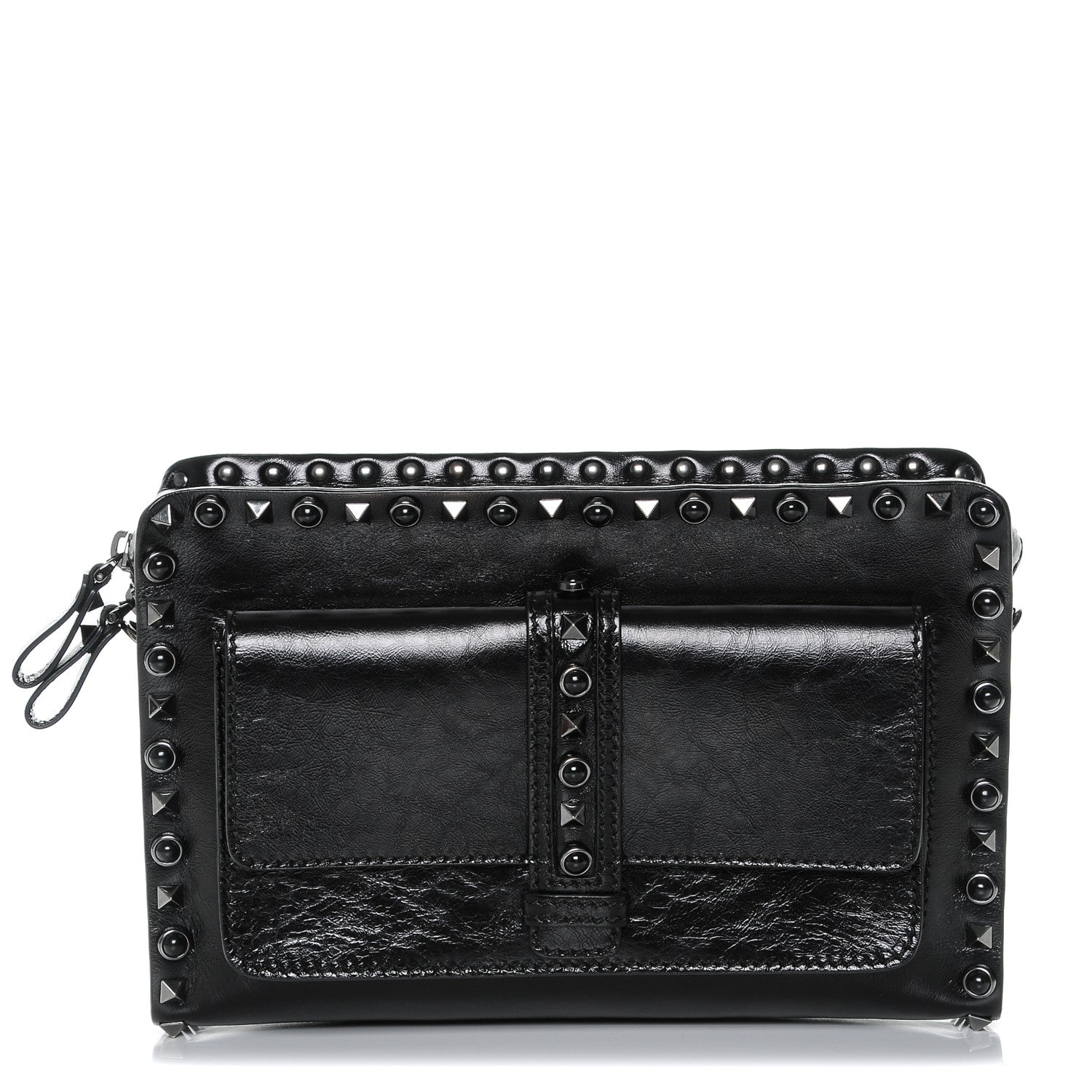 Valentino Garavani Craquele Calfskin Small Guitar Strap Rockstud Rolling Flap Pocket Shoulder Bag Black 1 of 6