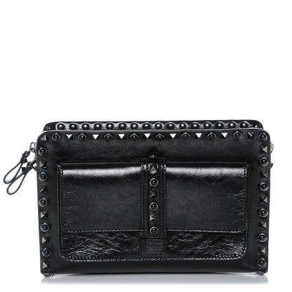 Valentino Garavani Craquele Calfskin Small Guitar Strap Rockstud Rolling Flap Pocket Shoulder Bag Black 1 of 6