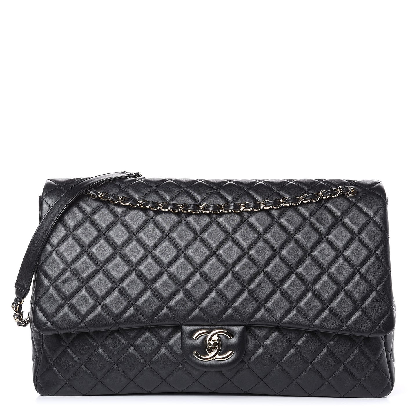 Metallized Calfskin Quilted XXL Travel Flap Bag Black