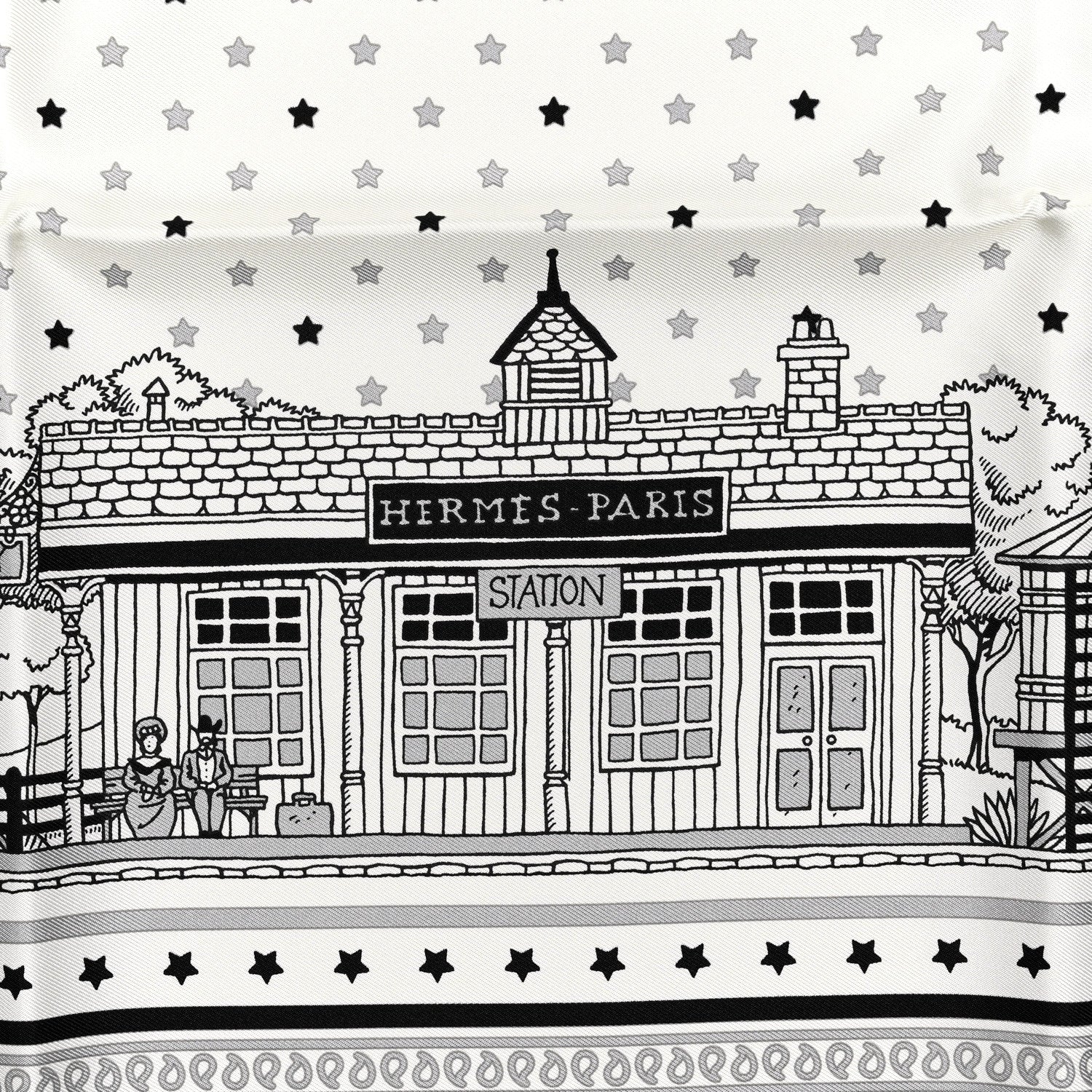 Hermes Silk Paris Station Bandana Scarf 55 White Gris Black 2 of 5