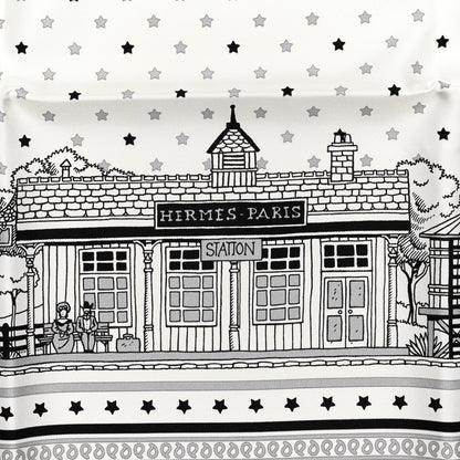 Hermes Silk Paris Station Bandana Scarf 55 White Gris Black 2 of 5