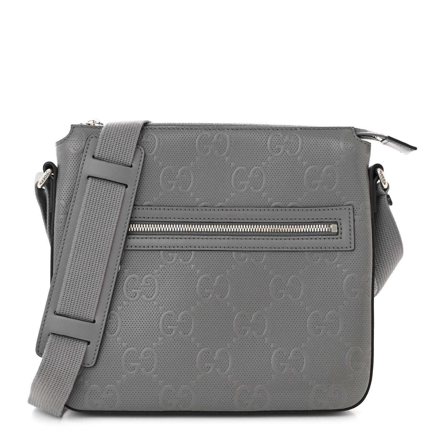 Gucci Calfskin GG Tennis Embossed Small Flat Messenger Bag Grey 1 of 9