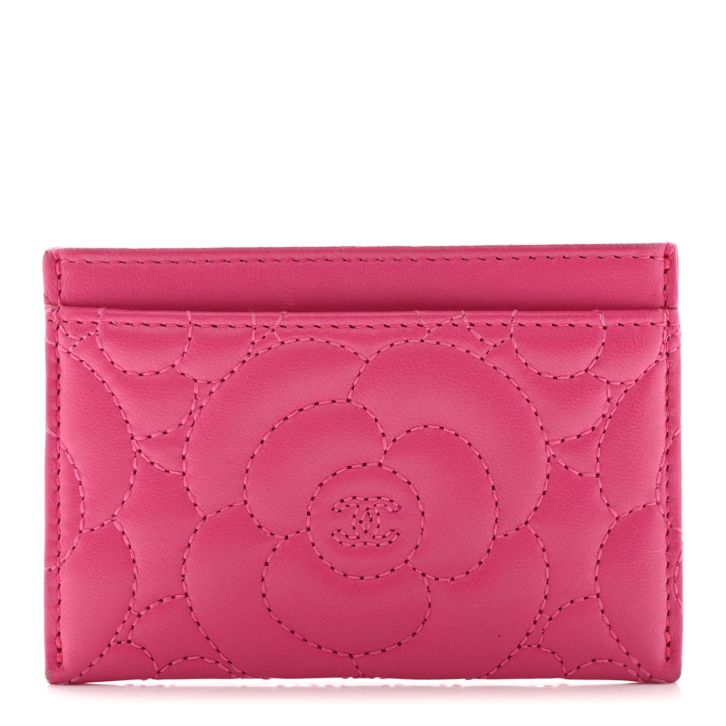 Lambskin Camellia Embossed Card Holder Fuchsia