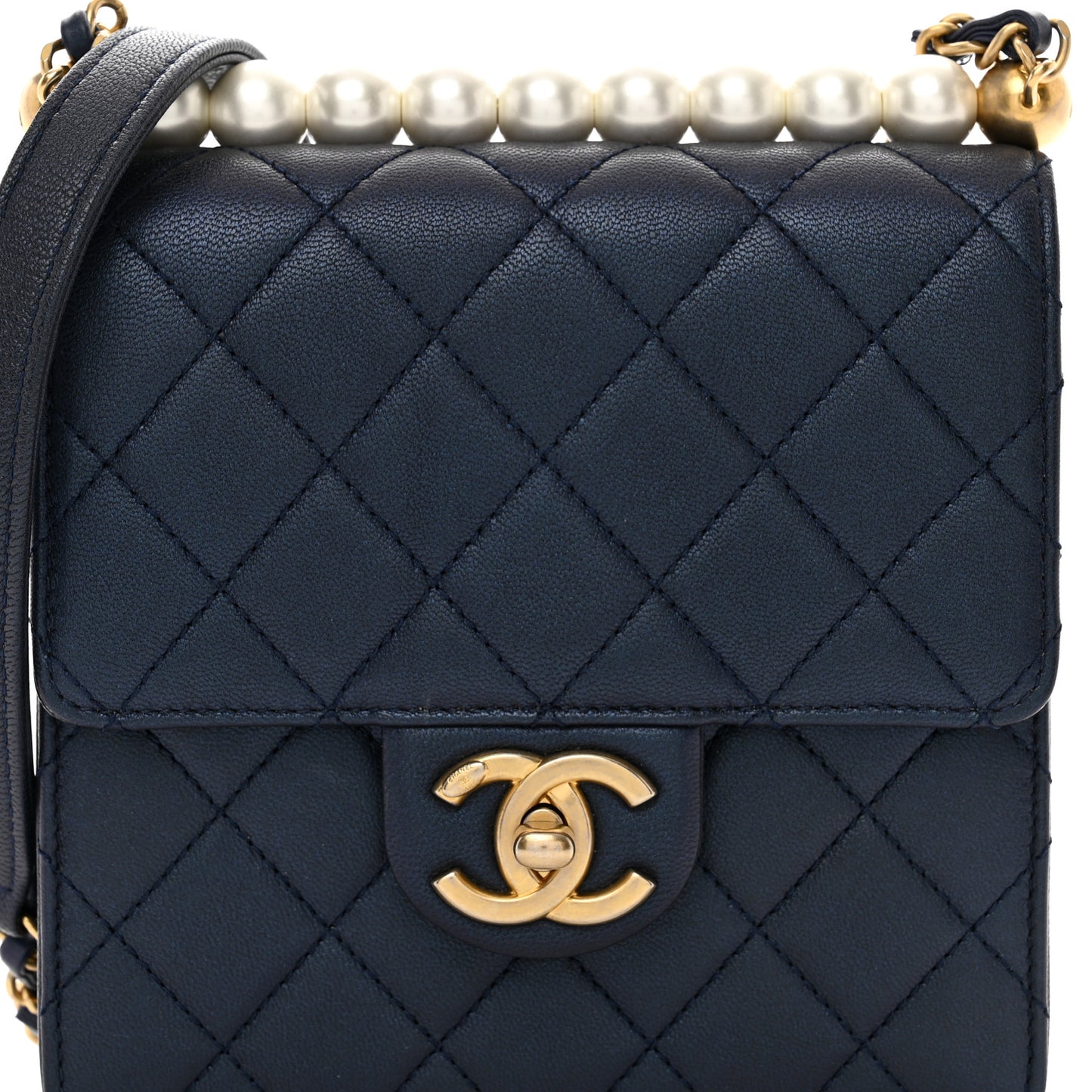 Iridescent Lambskin Quilted Chic Pearls Flap Navy Blue