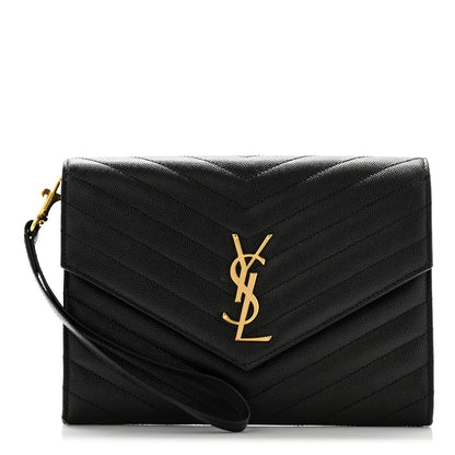 Saint Laurent Grain De Poudre Matelasse Chevron Monogram Envelope Clutch Black 1 of 8