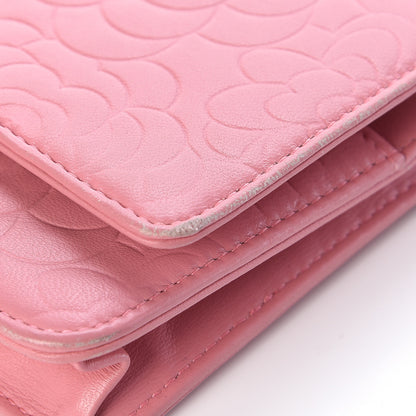 Chanel Lambskin Camellia Embossed Wallet On Chain WOC Pink 12 of 16
