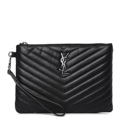 Saint Laurent Calfskin Matelasse Chevron Monogram A5 Wristlet Black 1 of 9