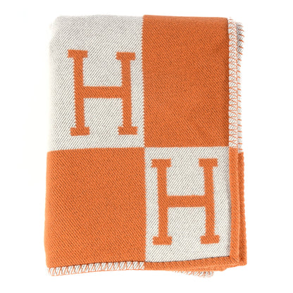 Hermes Wool Cashmere Signature Classic Avalon Blanket Ecru Potiron 1 of 3
