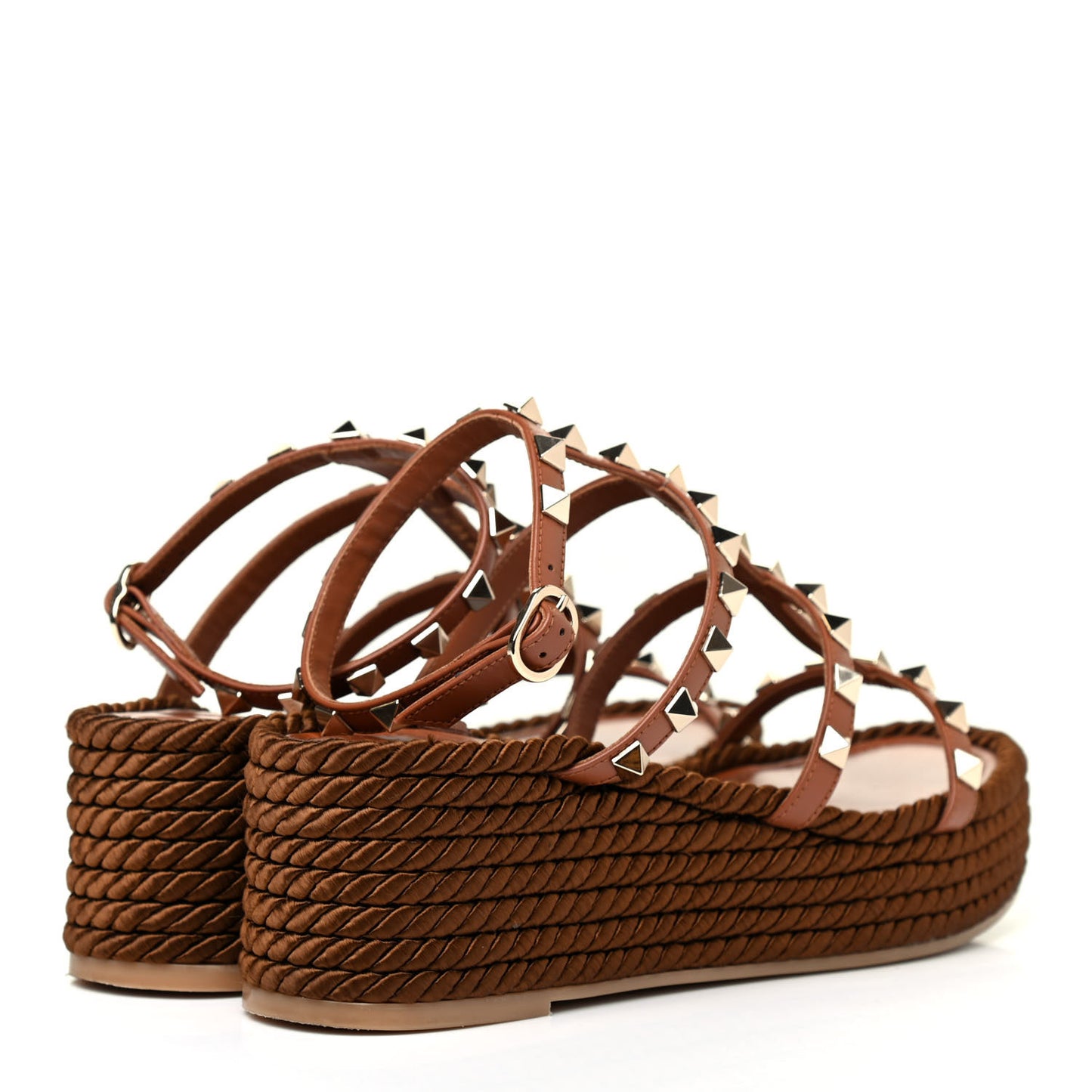 Calfskin Rockstud Ankle Strap Torchon Espadrille Caged 30/55mm Sandals 37 Saddle Brown