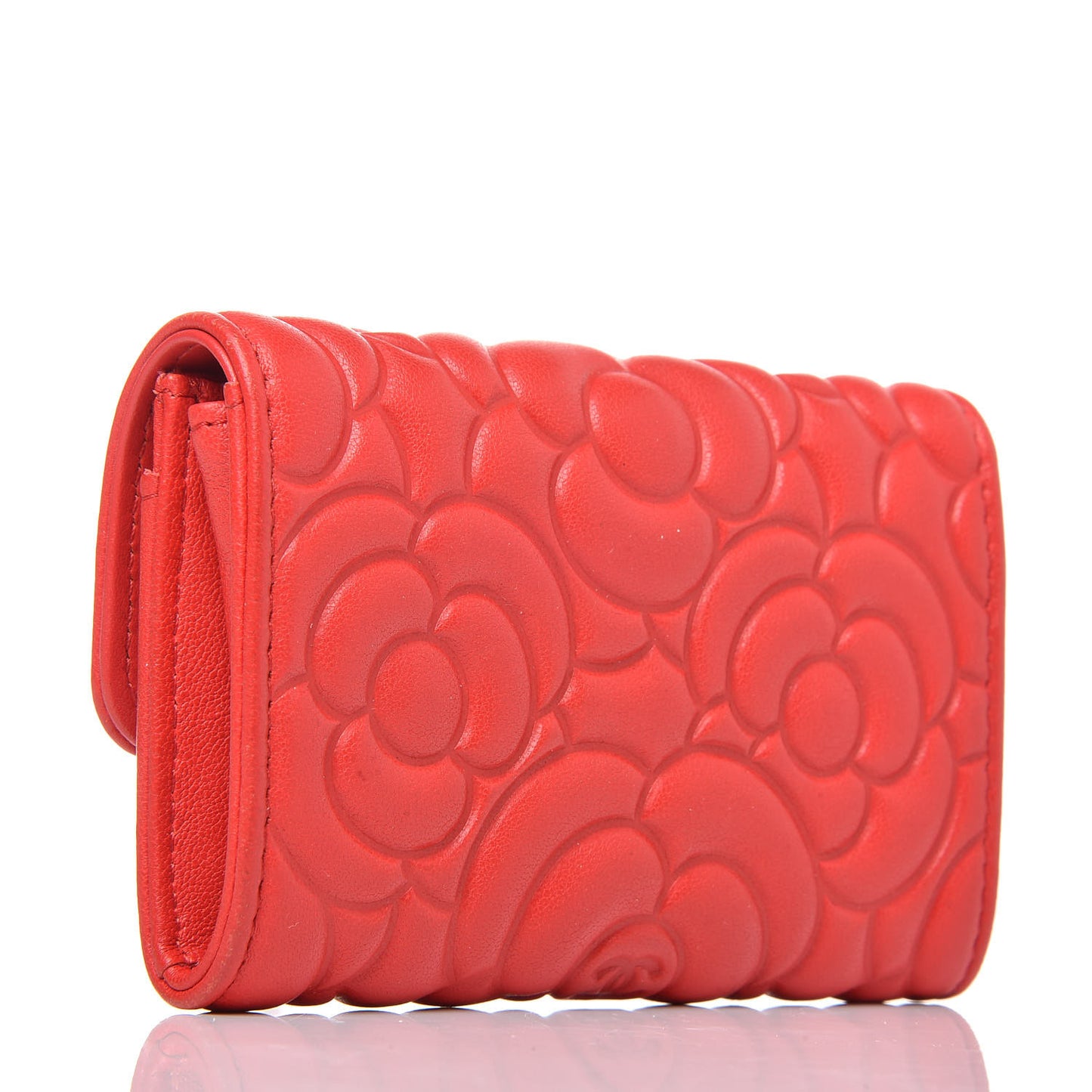 Goatskin Camellia Embossed Card Holder Red