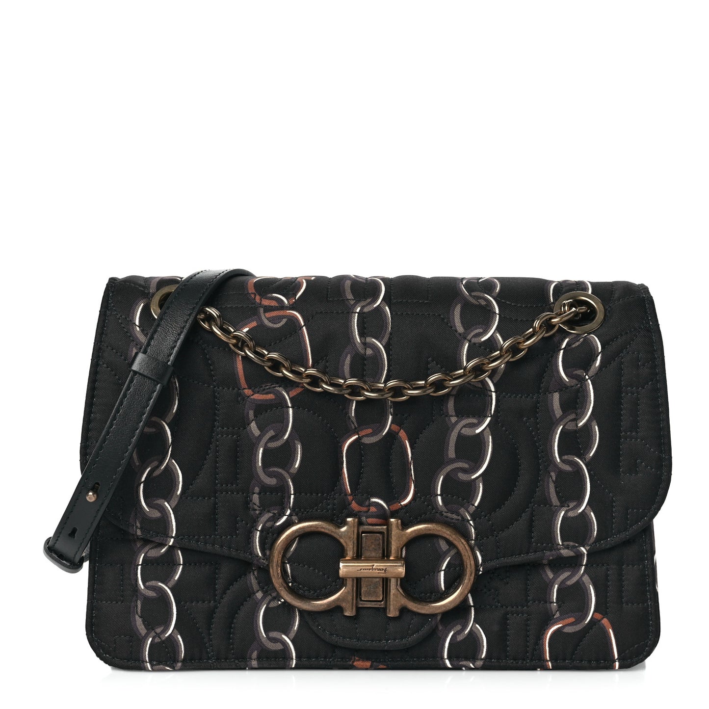 Silk Twill Quilted Print Gancini Flap Bag Black