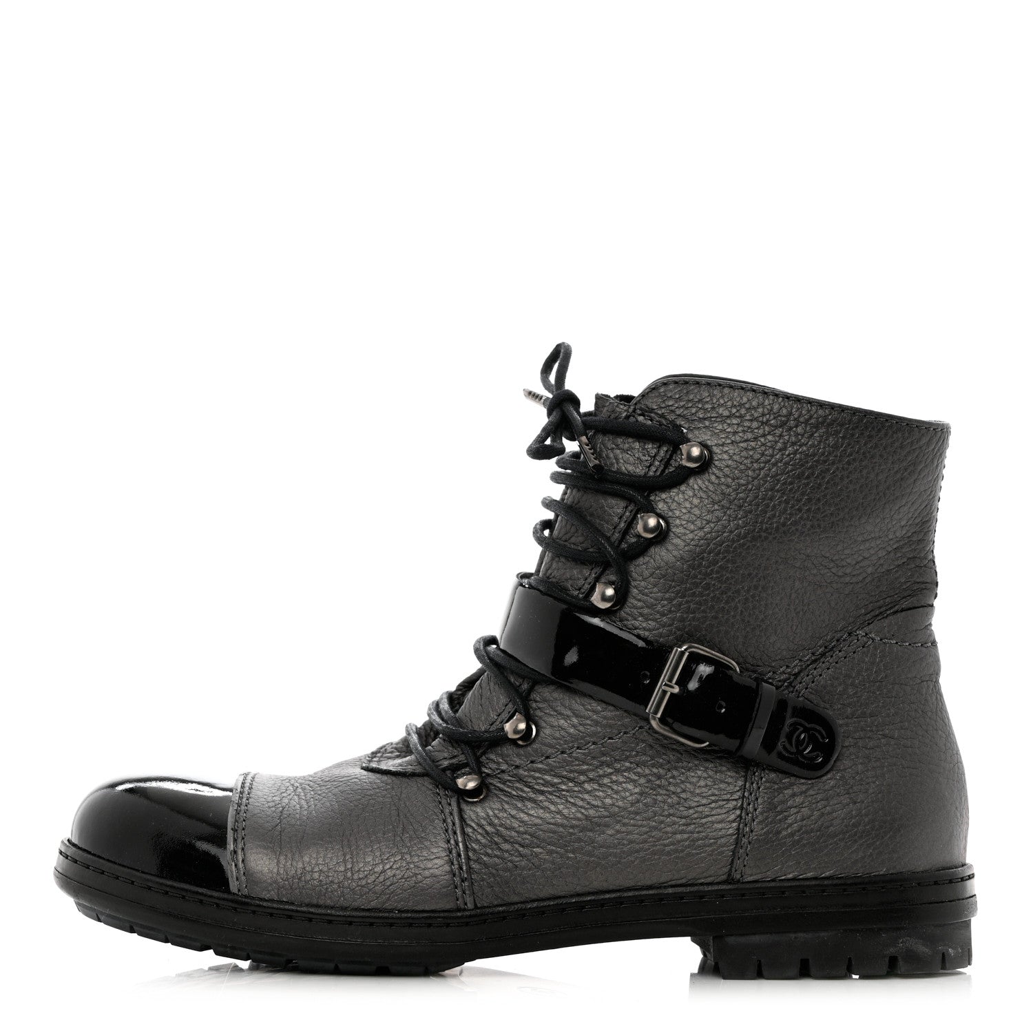 Chanel Metallic Grained Calfskin Patent Cap Toe Combat Short Boots 38.5 Dark Silver 1 of 12