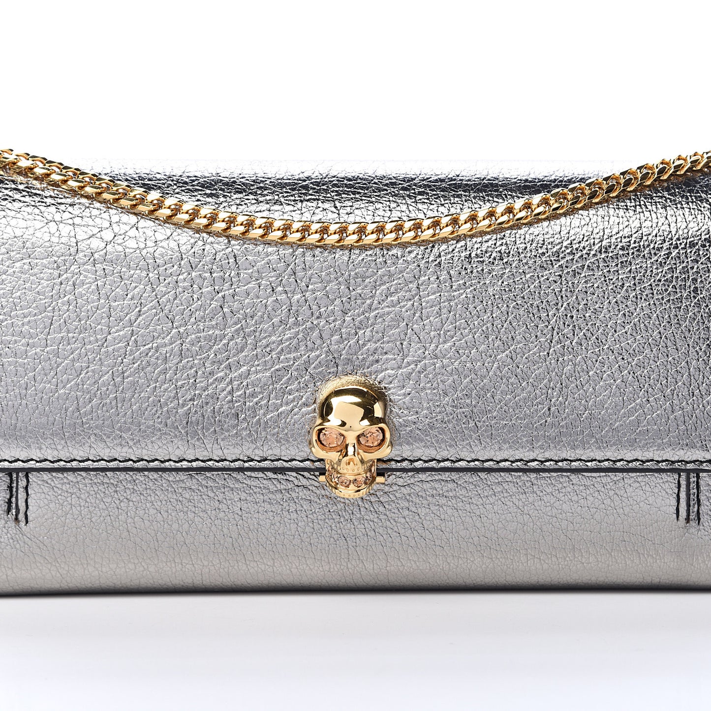 Metallic Calfskin Skull Wallet on Chain Silver