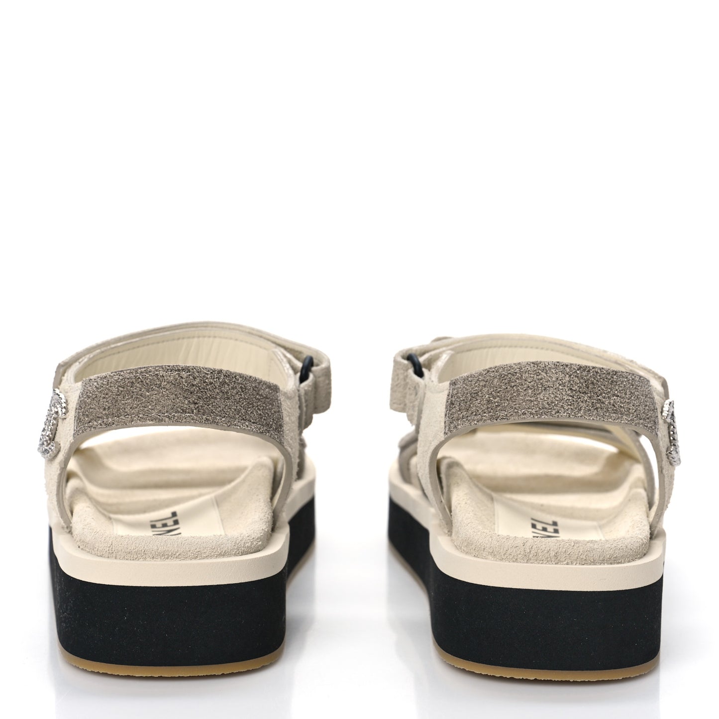 Suede Calfskin Velcro Flat Sandals 37 Ecru Dark Beige