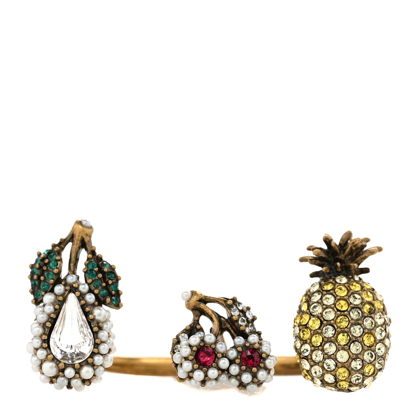 Metal Pearl Crystal Fruit Charm Multi-Finger Ring Aged Gold