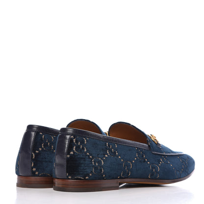 Gucci Velvet GG Monogram Horsebit Mens Jordaan Loafers 10.5 Blue Beige 4 of 11