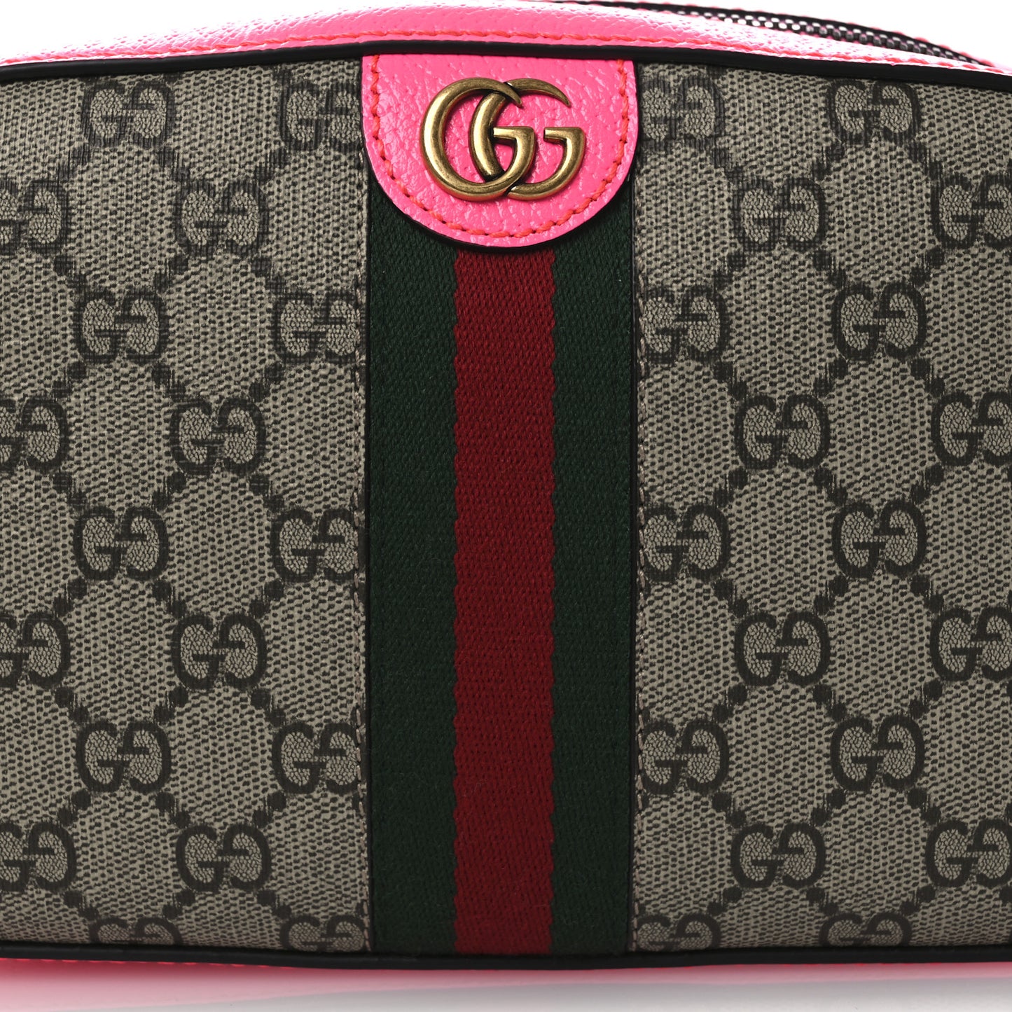 GG Supreme Monogram Textured Dollar Calfskin Web Ophidia Small Crossbody Bag Beige Ebony Fuchsia