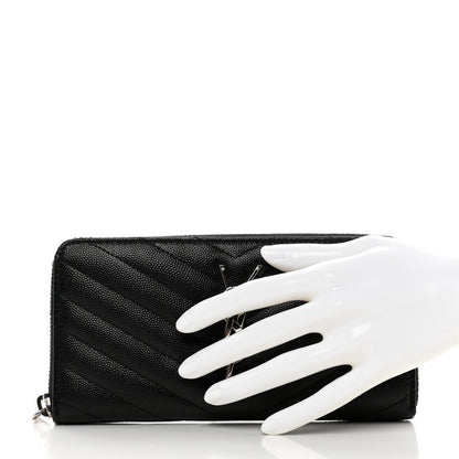 Saint Laurent Grain De Poudre Matelasse Chevron Monogram Zip Around Wallet Black 2 of 8