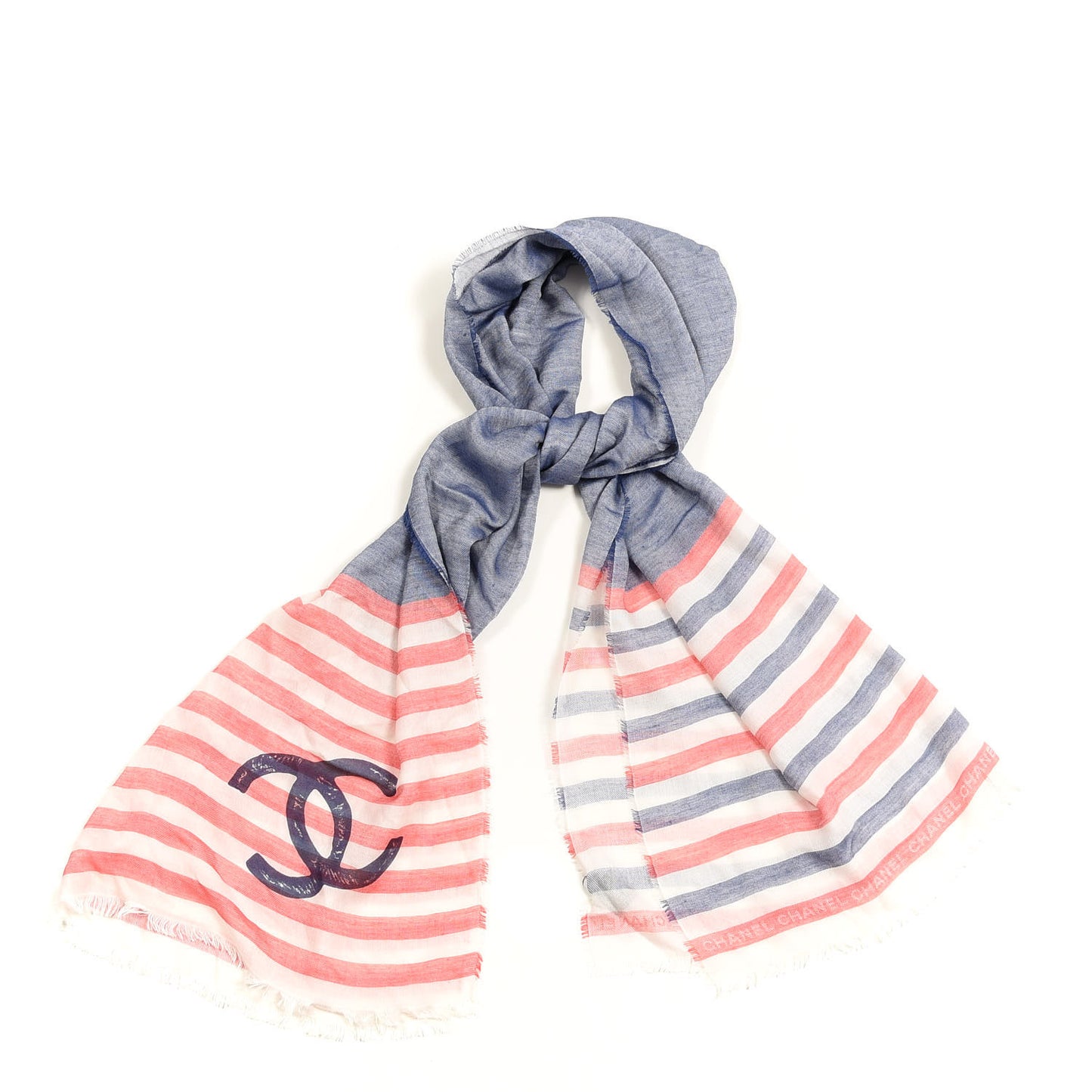 Cashmere Silk Cotton CC Stripe Fringe Scarf Red White Blue