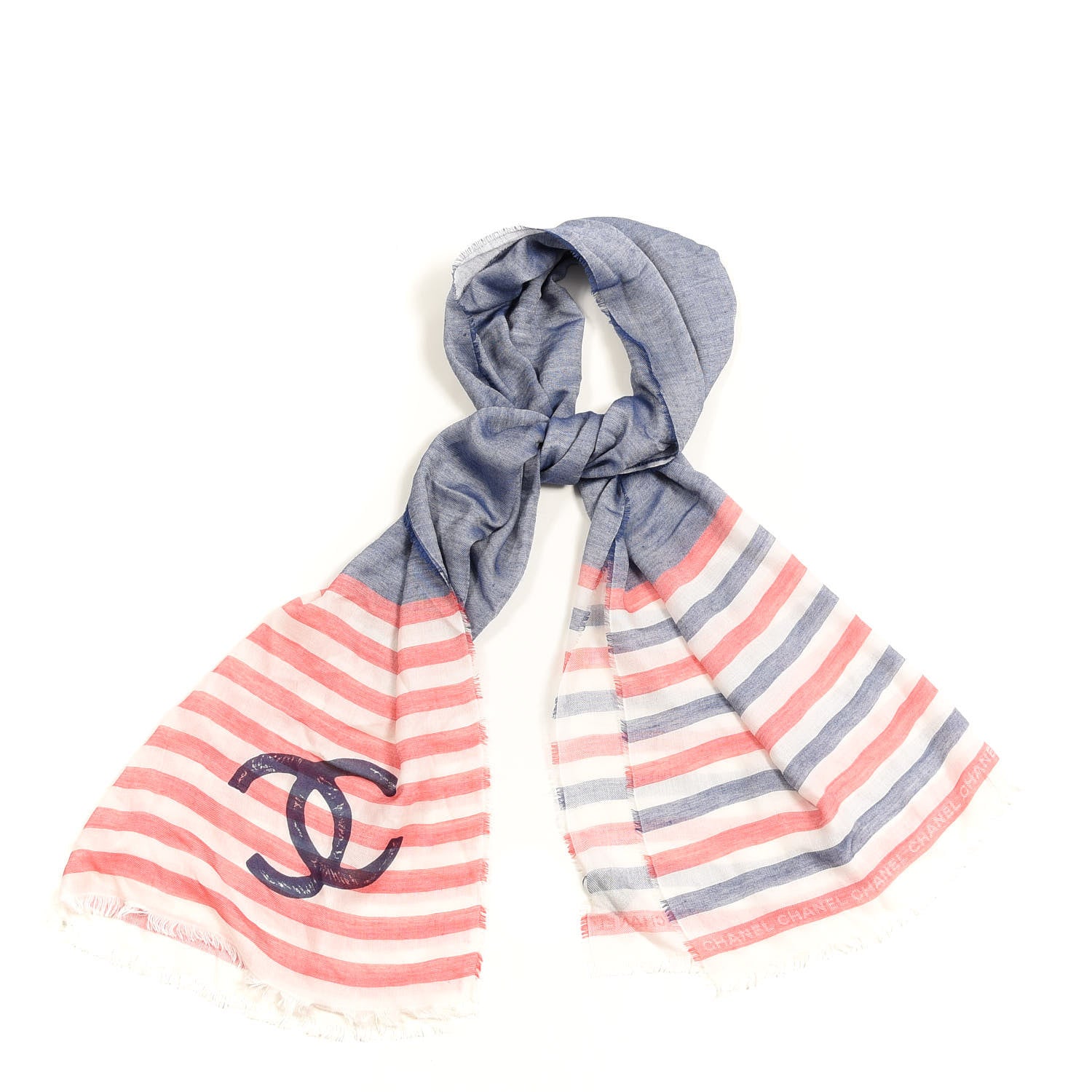 Chanel Cashmere Silk Cotton CC Stripe Fringe Scarf Red White Blue 1 of 4