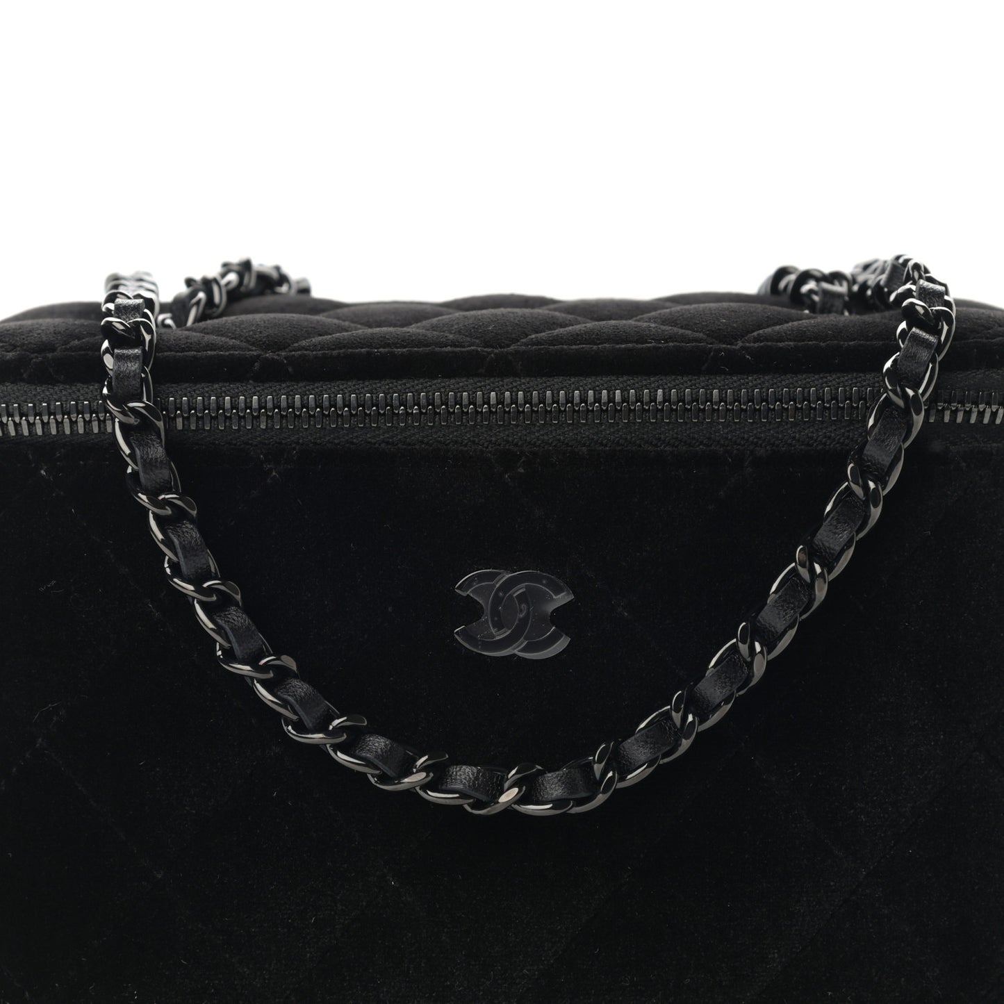 Velvet Quilted Small Vanity Case With Chain Black