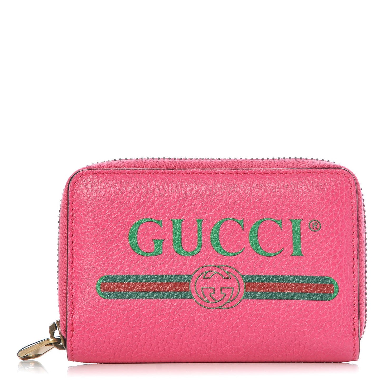Grained Calfskin Logo Zip Around Card Case Box Pink Green