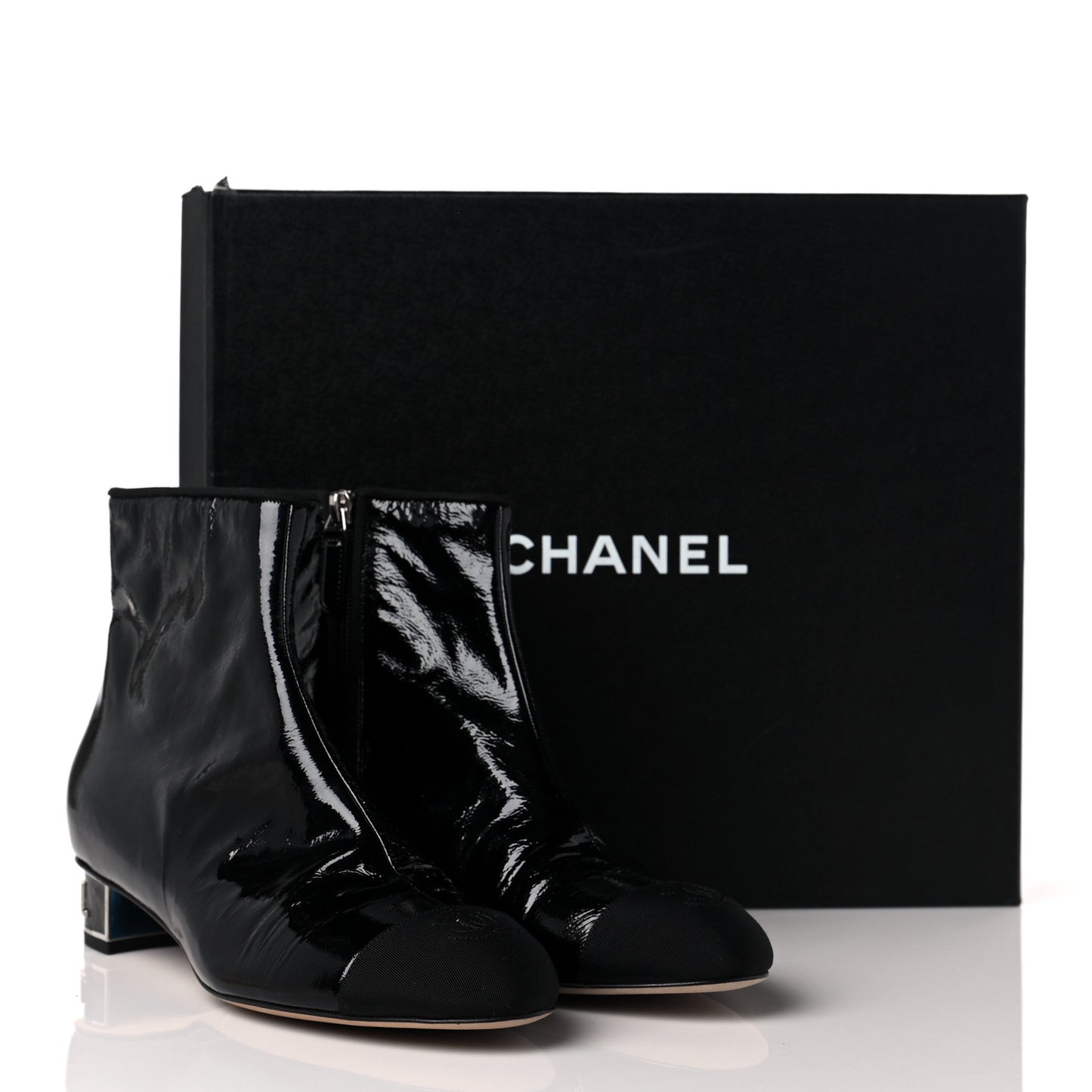Patent Goatskin Grosgain Cap Toe Short Ankle Boots 40.5 Black