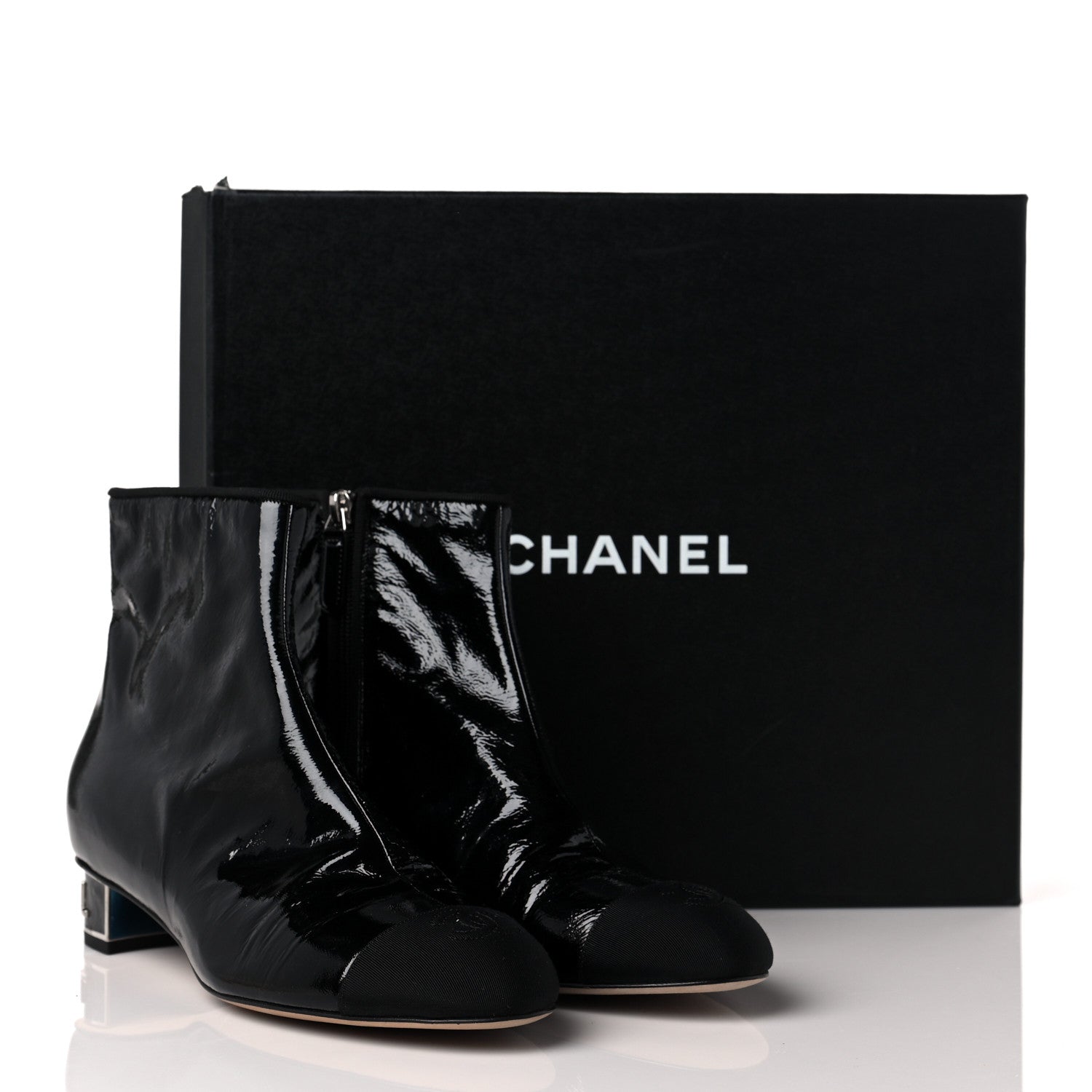 Chanel Patent Goatskin Grosgain Cap Toe Short Ankle Boots 40.5 Black 9 of 9