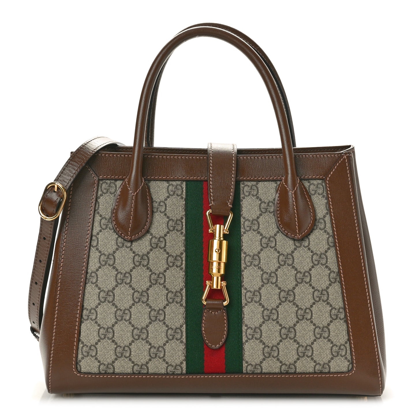GG Supreme Monogram Azalea Calfskin Web Medium Jackie 1961 Tote Beige Ebony Brown Sugar