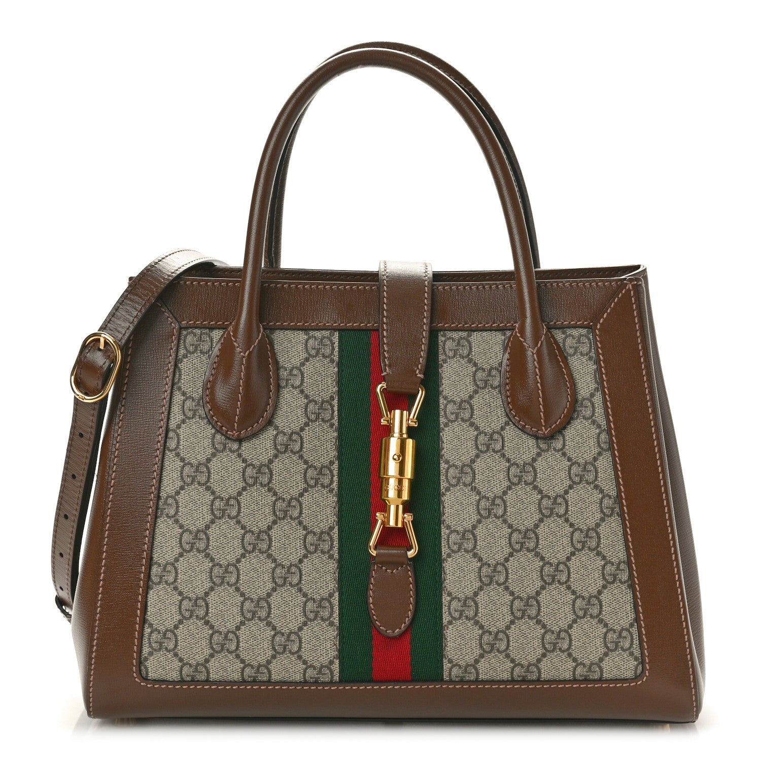 Gucci GG Supreme Monogram Azalea Calfskin Web Medium Jackie 1961 Tote Beige Ebony Brown Sugar 1 of 12