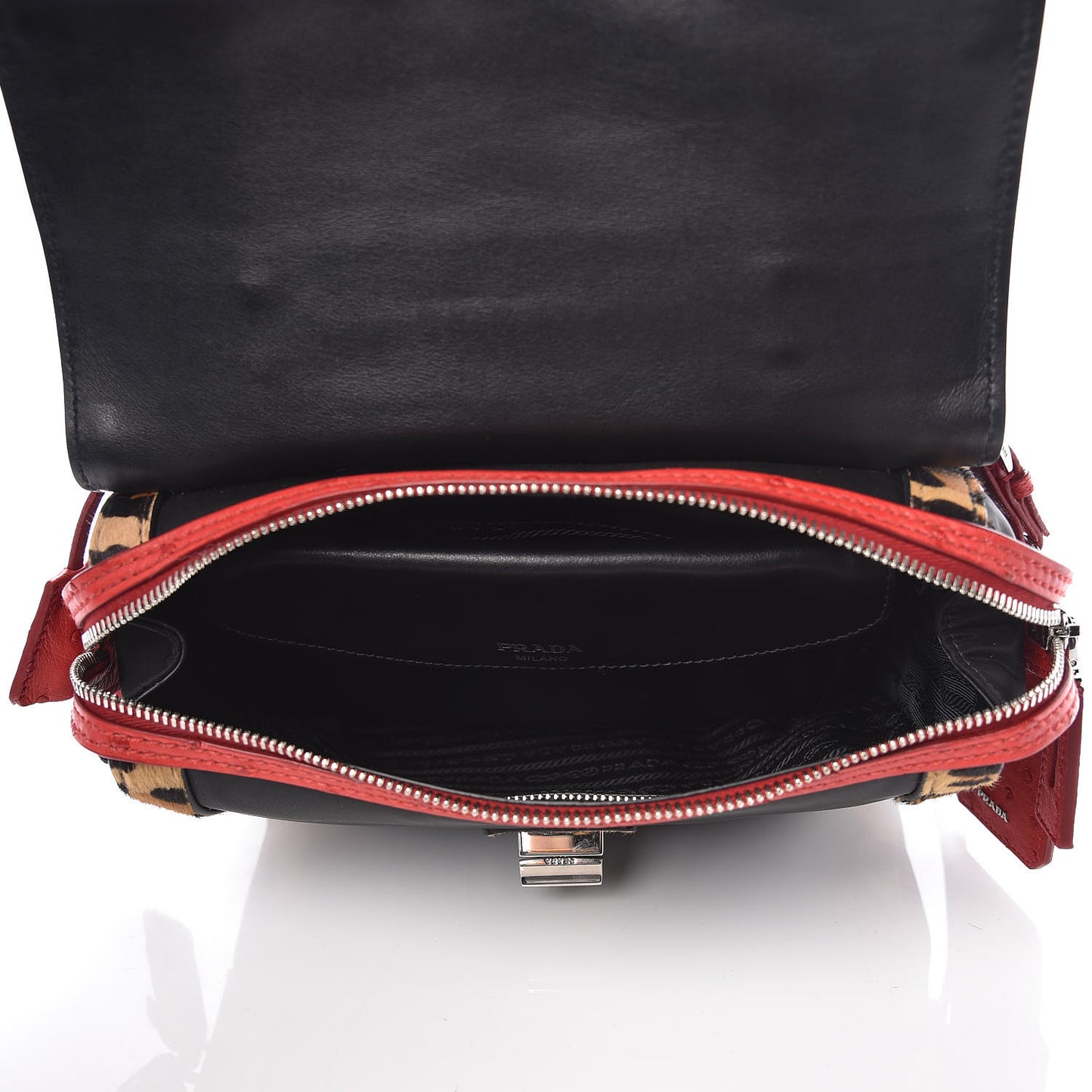 Tessuto Cavallino Ostrich Leopard Print Tote Black Miele Rosso