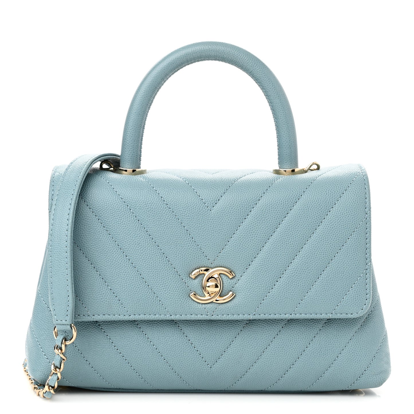 Caviar Chevron Quilted Mini Coco Handle Flap Light Blue