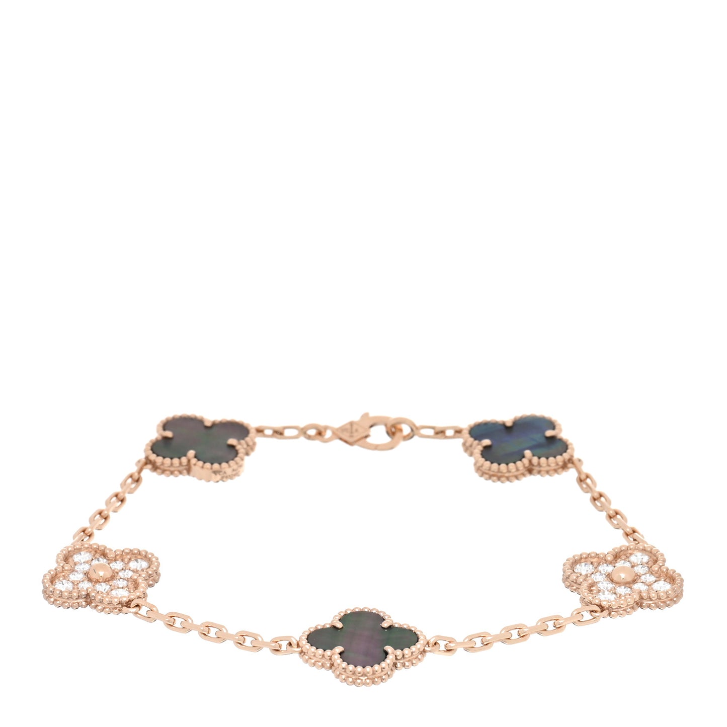 18K Rose Gold Diamond Gray Mother of Pearl 5 Motifs Vintage Alhambra Bracelet