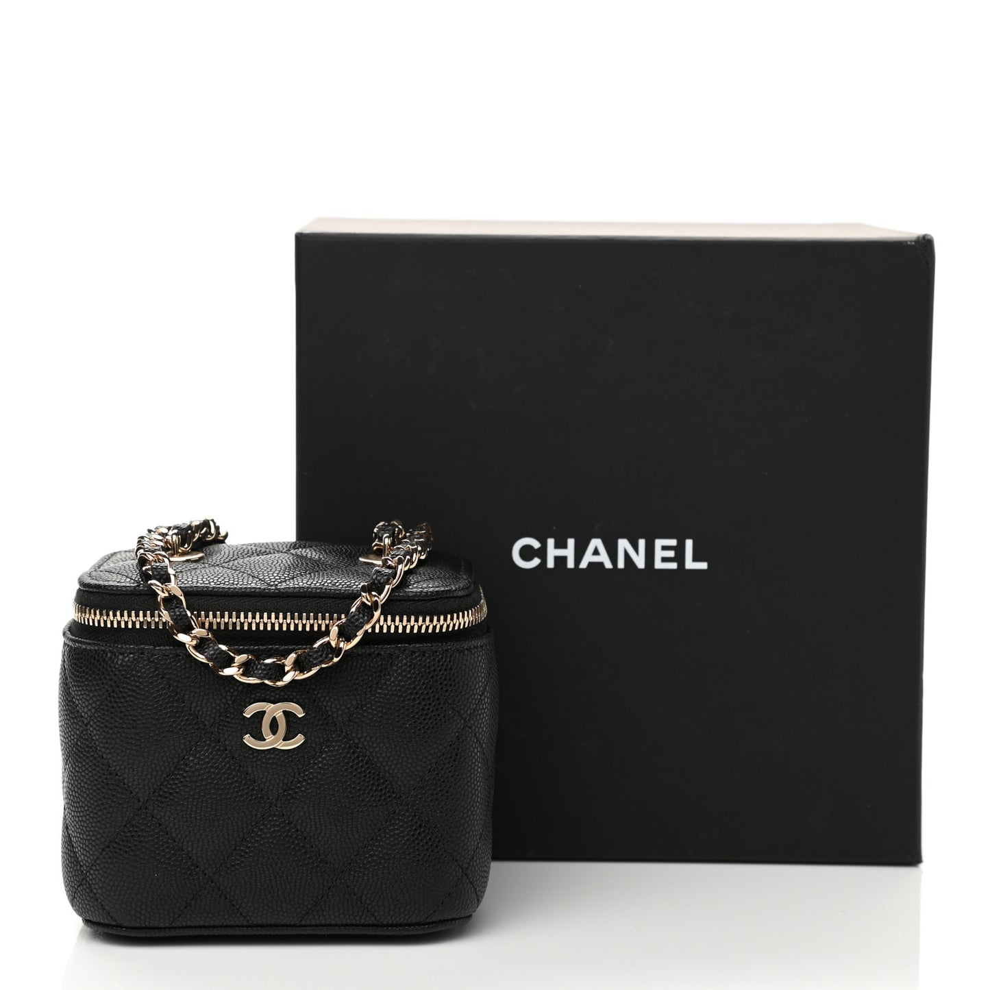 Caviar Quilted Mini Vanity Case With Chain Black