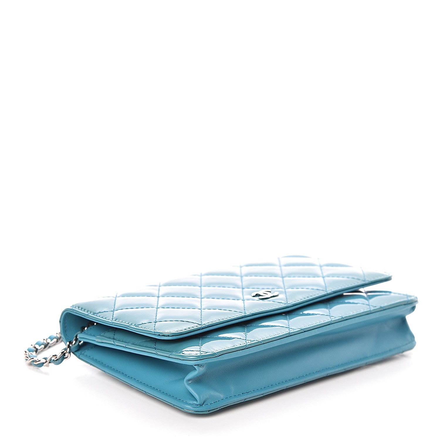 Chanel Patent Quilted Wallet On Chain WOC Turquoise Blue 4 of 11