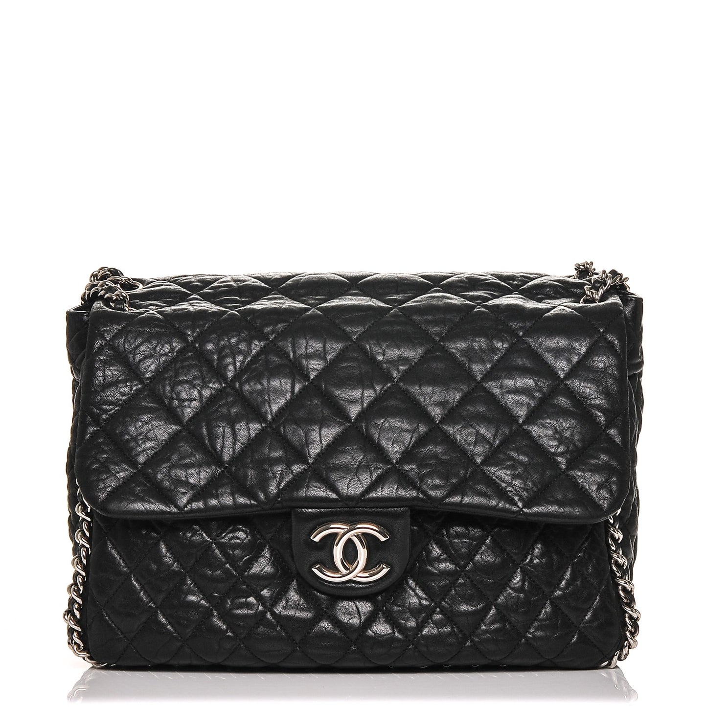 Washed Lambskin Quilted Maxi Chain Around Flap Black