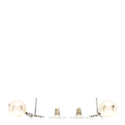 Chanel Crystal Pearl CC Drop Earrings Silver Pearly White 3 of 4